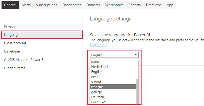 Captura de ecrã do separador geral de Definições a mostrar o menu pendente de idioma.