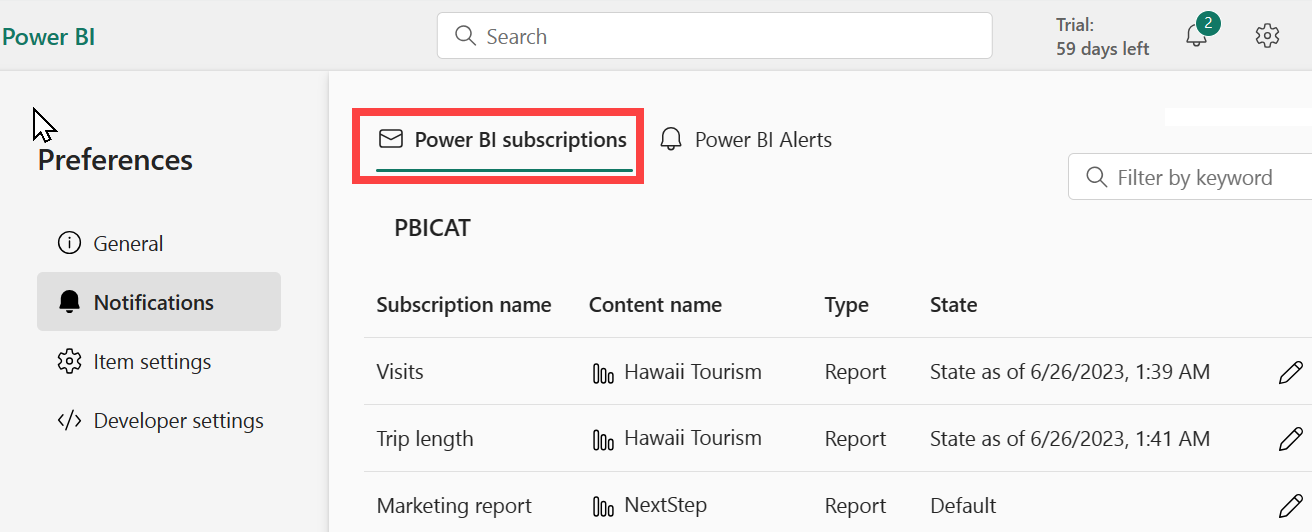 Captura de ecrã a mostrar o painel Notificações com a subscrição do Power BI delineada a vermelho.