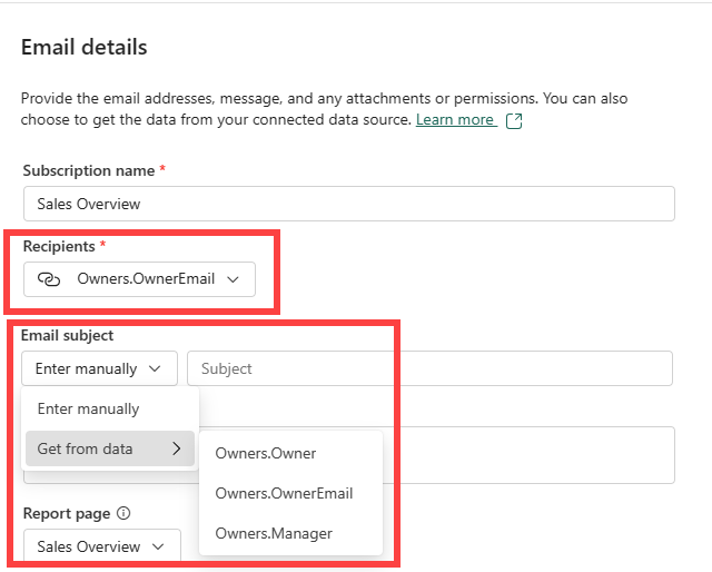 Captura de ecrã do serviço Power BI a mostrar opções de parâmetros dinâmicos na janela Detalhes de e-mail.