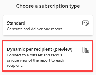 Captura de ecrã do serviço Power BI a mostrar o ecrã Novas subscrições e a opção Dinâmico por destinatário.