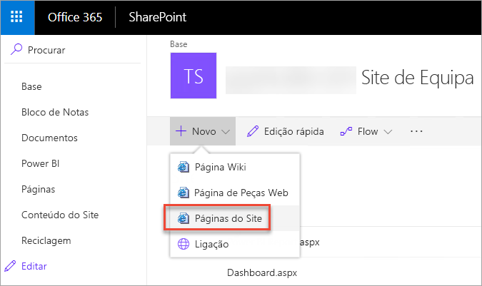 Captura de ecrã da janela do SharePoint. As páginas são realçadas no painel de navegação. A página do site está selecionada.