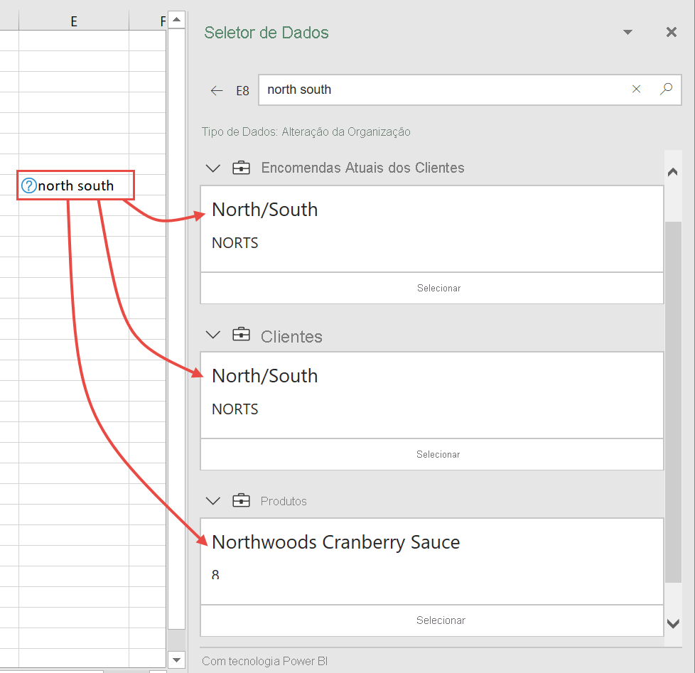 Screenshot of Excel Data Selector pane with multiple possibilities.