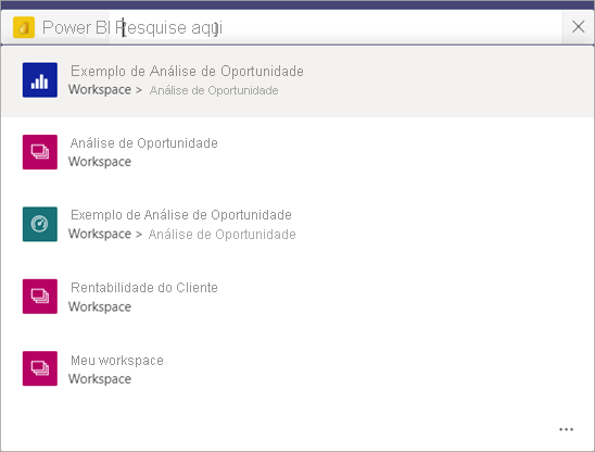Captura de ecrã da barra de pesquisa do Teams a mostrar uma lista de relatórios e A Minha área de trabalho na aplicação Power BI.