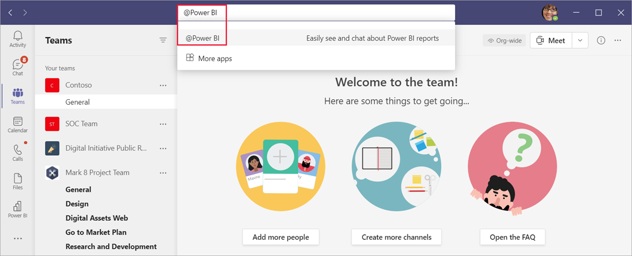 Captura de ecrã da página do Teams com @Power BI introduzido e realçado na barra de pesquisa do Teams.