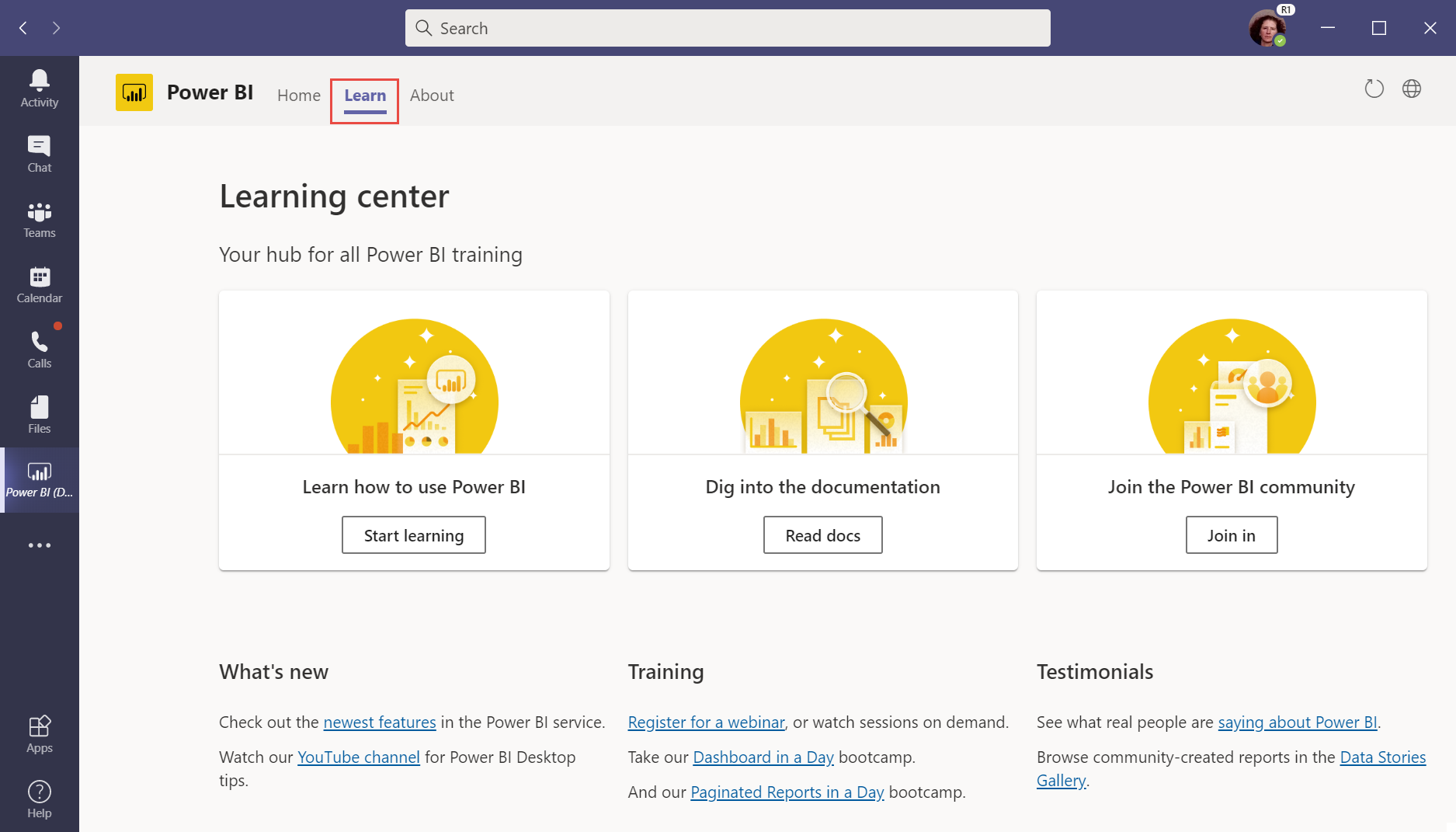 Captura de ecrã do Centro de aprendizagem na aplicação Power BI no Microsoft Teams. A guia Aprender é selecionada no Teams e no painel de navegação do Power BI.