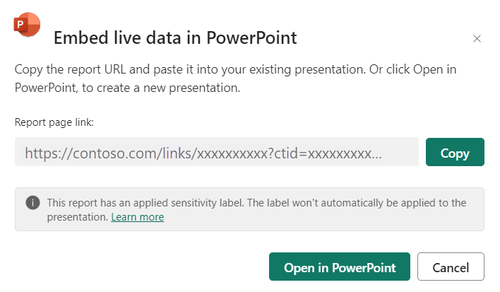 Captura de ecrã a mostrar a incorporação de dados dinâmicos na janela de diálogo do PowerPoint.