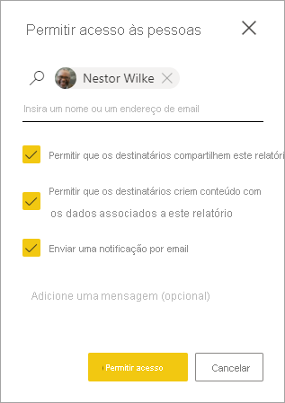 Captura de tela da caixa de diálogo Conceder acesso ao relatório de pessoas.