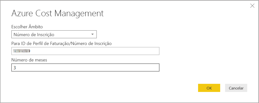 Captura de tela mostra as propriedades do Microsoft Cost Management com um escopo de Número de inscrição.