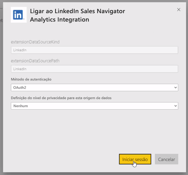 A captura de tela mostra uma caixa de diálogo onde você pode fazer login para se conectar ao LinkedIn.