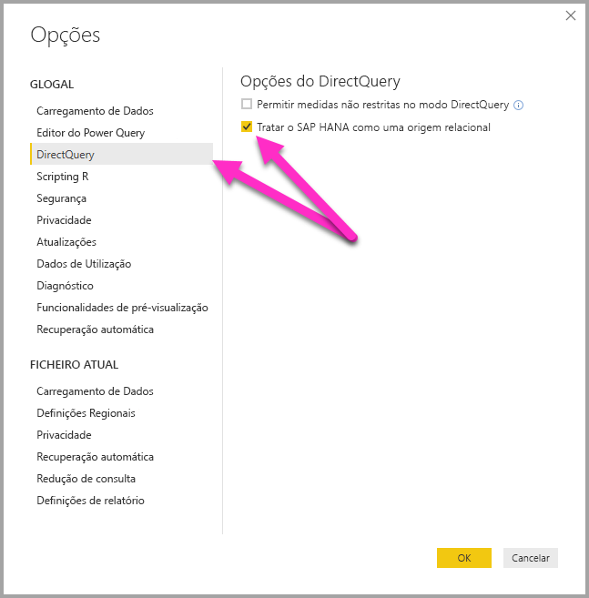 Captura de tela da caixa de diálogo Opções, mostrando as opções do DirectQuery.