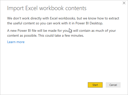 Captura de tela que mostra a mensagem Importar conteúdo da pasta de trabalho do Excel.