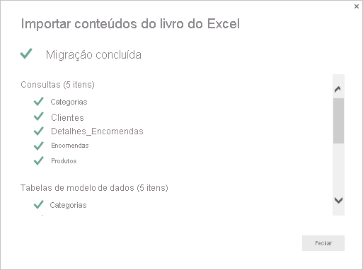 Captura de tela que mostra a página de resumo Importar conteúdo da pasta de trabalho do Excel.