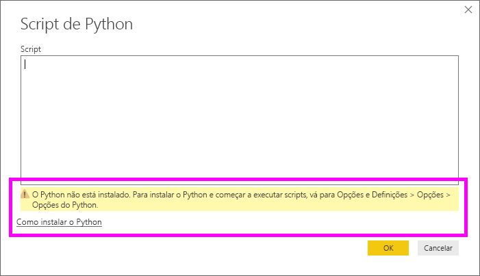 Captura de tela de um aviso de que o Python não está instalado.