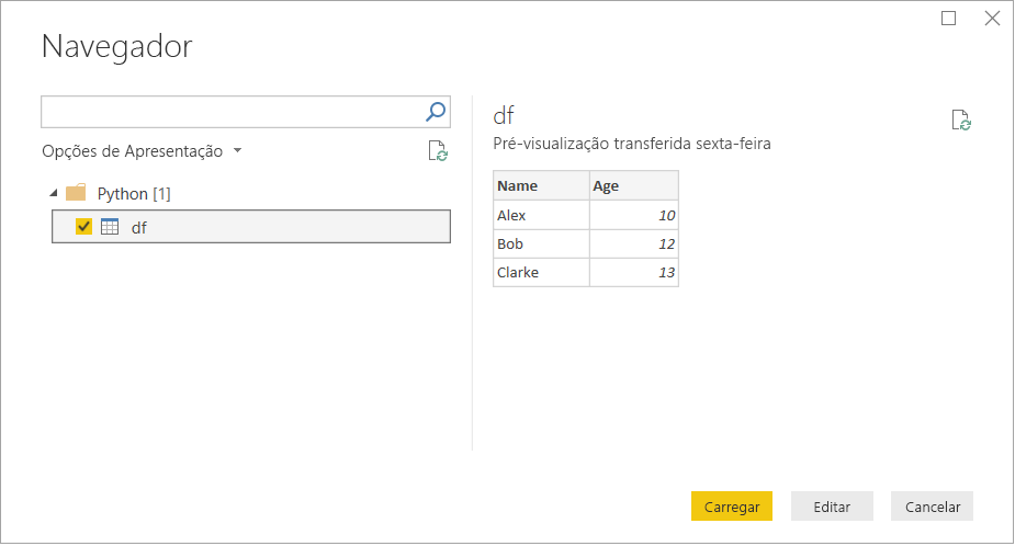 Captura de ecrã da janela Navegador a mostrar os dados a carregar e utilizar.