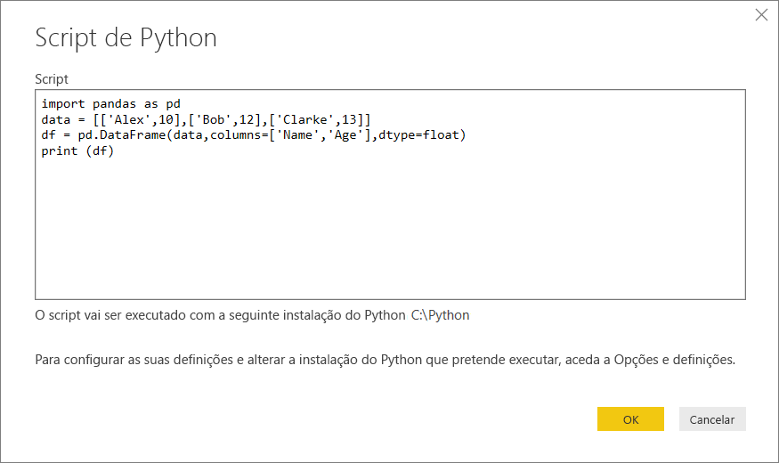 Captura de tela que mostra a colagem do script Python de exemplo na caixa de diálogo Script Python.