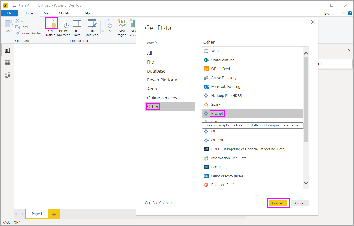 Screenshot shows the Get Data dialog with Other and R script selected and the Connect button highlighted.