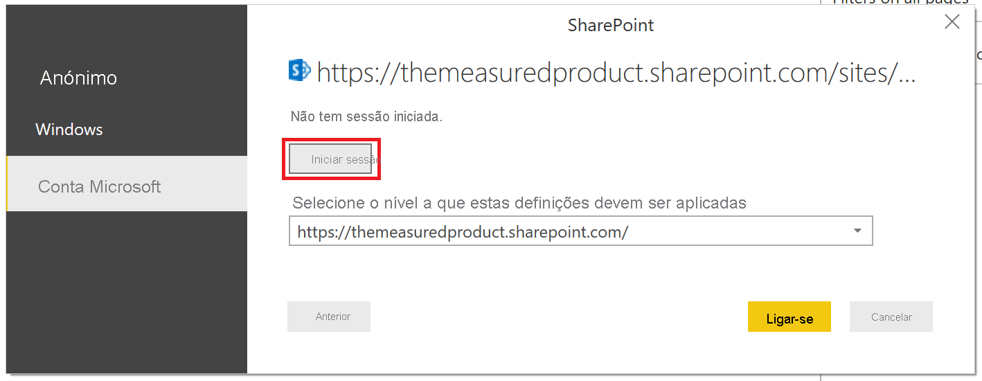 Captura de ecrã que mostra o botão de início de sessão para aceder ao SharePoint.