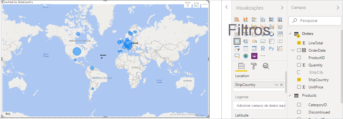 Screenshot that shows the LineTotals by ShipCountry map visualization.