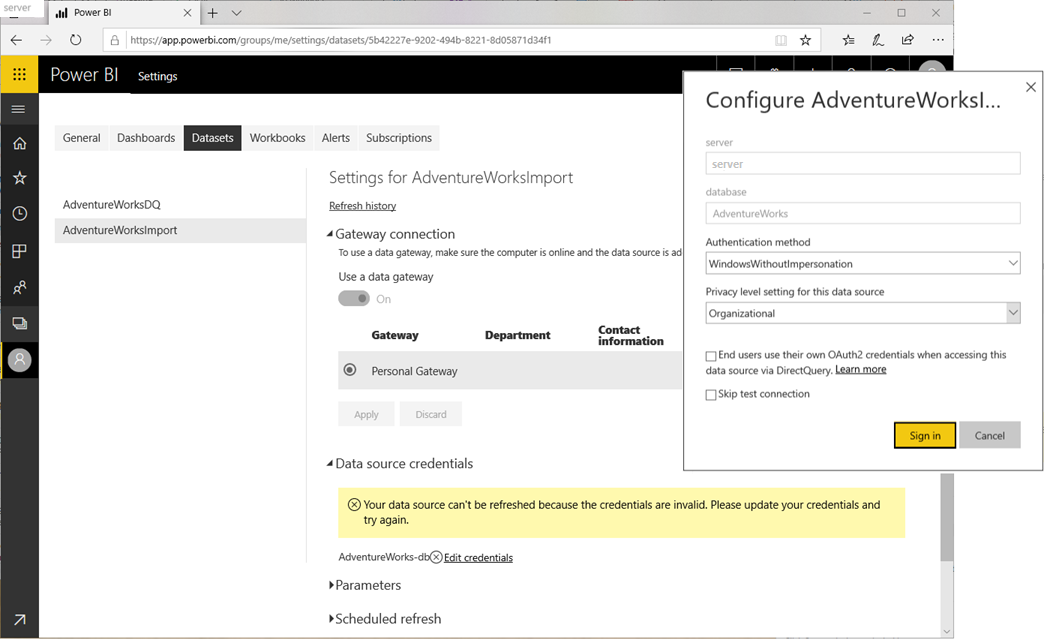 Configurar credenciais de fonte de dados para gateway