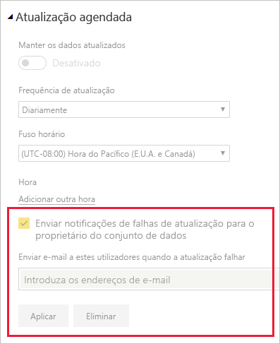 Captura de ecrã da secção nas definições do modelo semântico para alterar notificações de atualização de e-mail do Power BI.