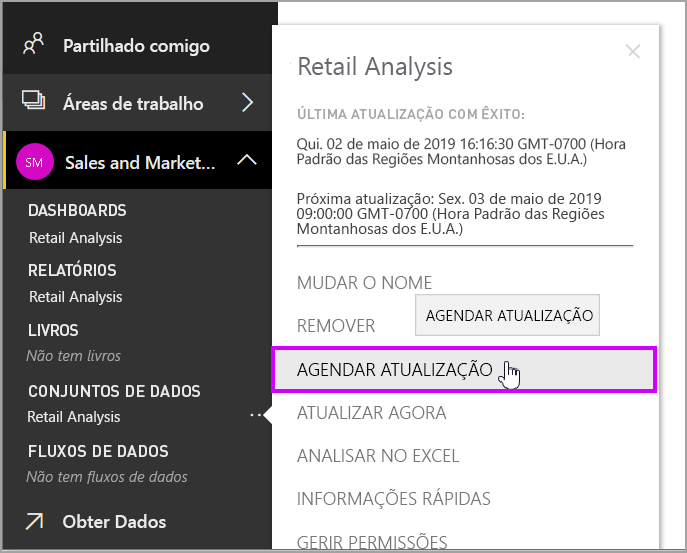 A captura de tela mostra a seleção de Agendar atualização no painel de navegação.