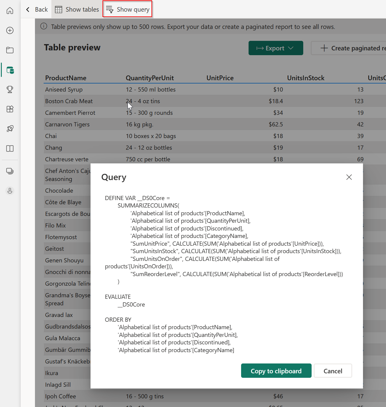 Captura de ecrã a mostrar a pré-visualização da tabela com a consulta apresentada.