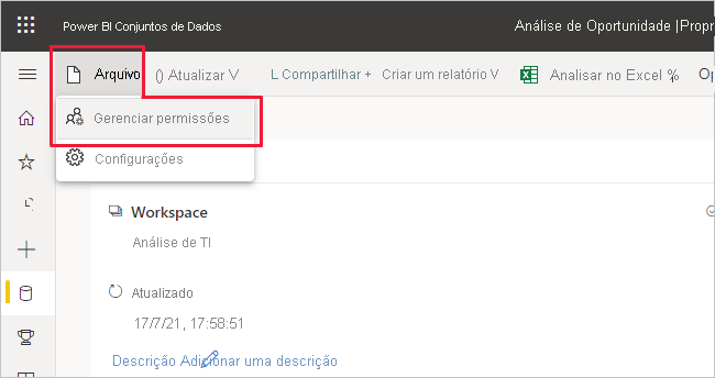 Captura de ecrã do comando de menu para abrir a página de permissões de gestão do modelo semântico a partir da página de informações do modelo semântico.