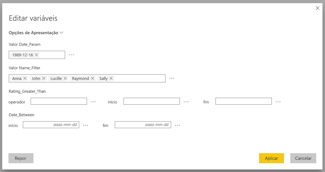 Captura de ecrã que mostra a caixa de diálogo Editar variáveis no serviço do Power BI.