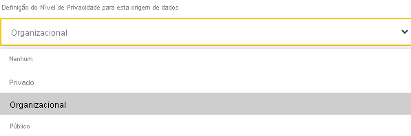 Captura de tela das seleções de nível de privacidade para fontes de dados.