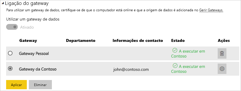 Screenshot that shows the gateway connection settings.