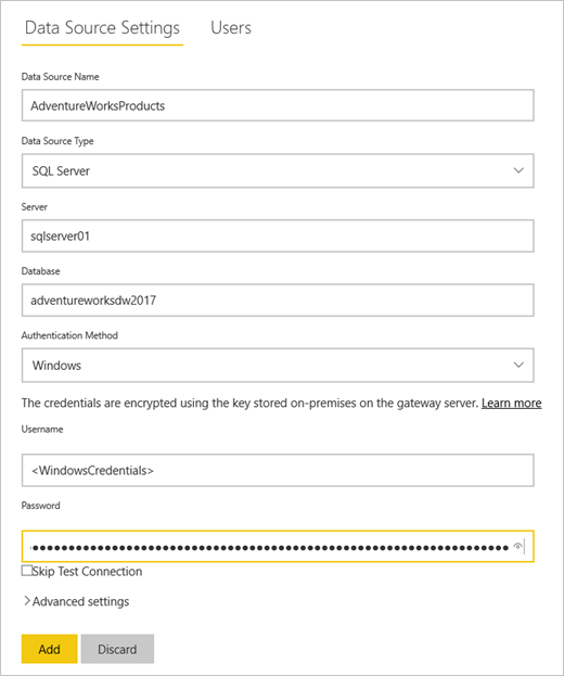 Captura de tela que mostra as configurações de Nova conexão.