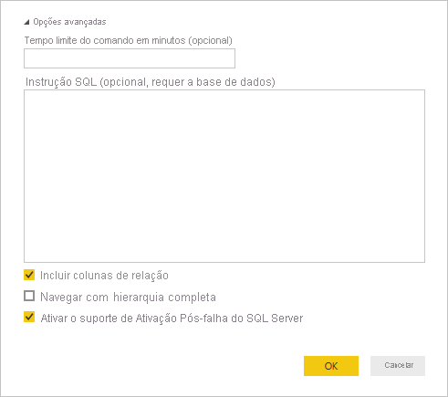 Captura de ecrã das opções avançadas do SQL Server