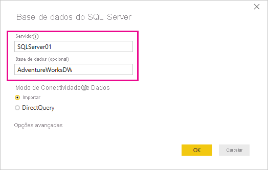 Captura de tela da caixa de diálogo Banco de dados do SQL Server.