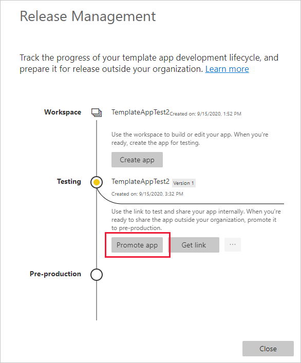 Captura de ecrã do painel Gestão de Versões com a aplicação Promover realçada.