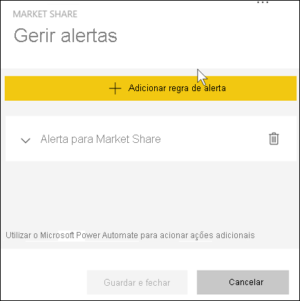 Captura de ecrã a mostrar a janela para gerir alertas, com o alerta Alerta para Quota de Mercado visível.