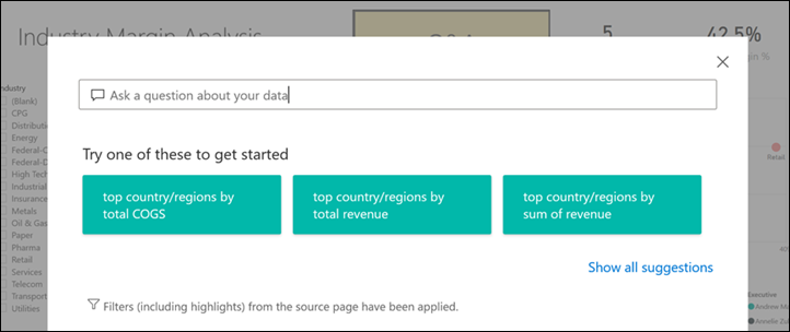 Captura de ecrã de uma janela aberta do Power BI Q&A Explorer com perguntas sugeridas.