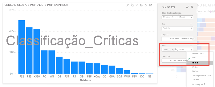 Captura de tela de um visual de relatório com alguns valores de agregação realçados.