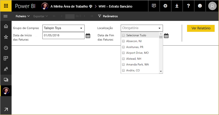 Screenshot of the Parameters to view the report with the required field highlighted.