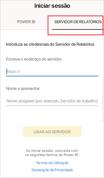 Captura de tela da caixa de diálogo Entrar com o servidor de relatório realçado.