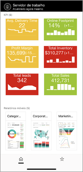 Captura de tela da página inicial do Servidor de Relatório nos aplicativos móveis.