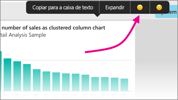 Captura de ecrã de um gráfico de colunas, mostrando um feedback com um ponteiro para um rosto sorridente.