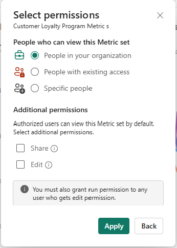 Captura de ecrã a mostrar o painel de permissões de seleção aberto, com as pessoas na sua organização selecionadas para ver o conjunto de métricas quando o utilizador partilha.