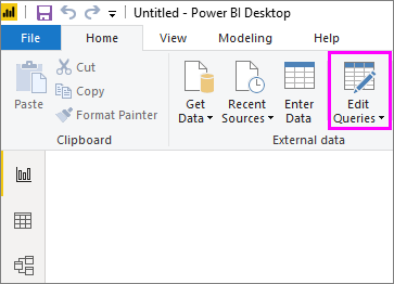 Captura de ecrã do Power BI Desktop, realçando a seleção Transformar dados.