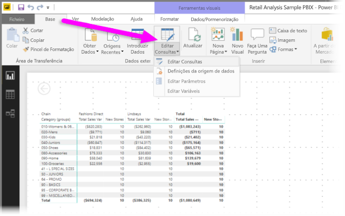 Captura de ecrã do Power BI Desktop com dados Transform realçados.