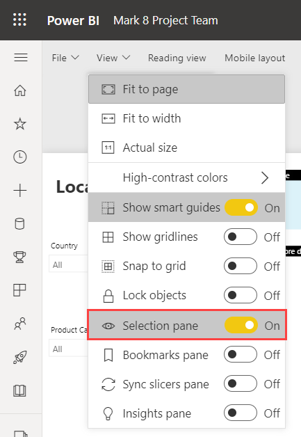 Captura de ecrã a mostrar como ativar o painel Seleção no serviço do Power BI.