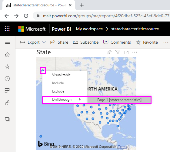 Captura de tela mostrando a opção de detalhamento de relatório cruzado do Power BI.