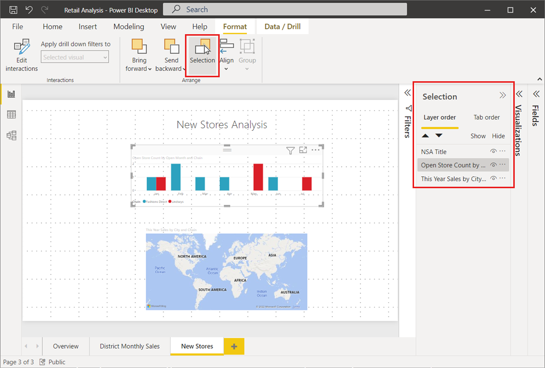 Captura de ecrã da tela do Power BI Desktop, mostrando o painel Seleção, que define a ordem front-to-back dos elementos visuais.