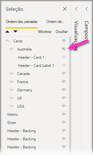 Captura de ecrã a mostrar grupos de ocultação e visualização.