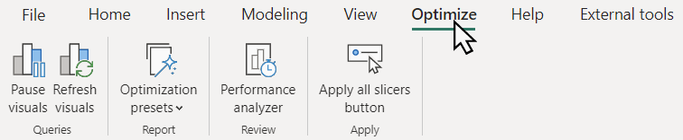 Faixa de opções do Power BI Desktop Otimize