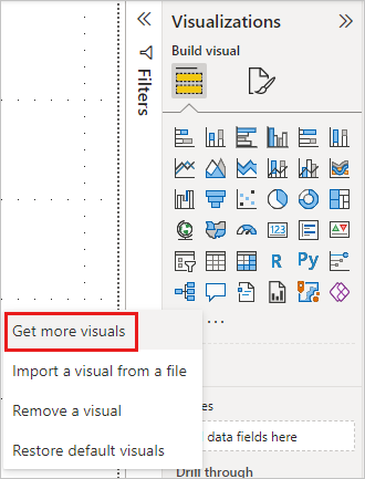 Captura de ecrã a mostrar Obter mais elementos visuais em Mais opções no painel Visualizações do Power B I.